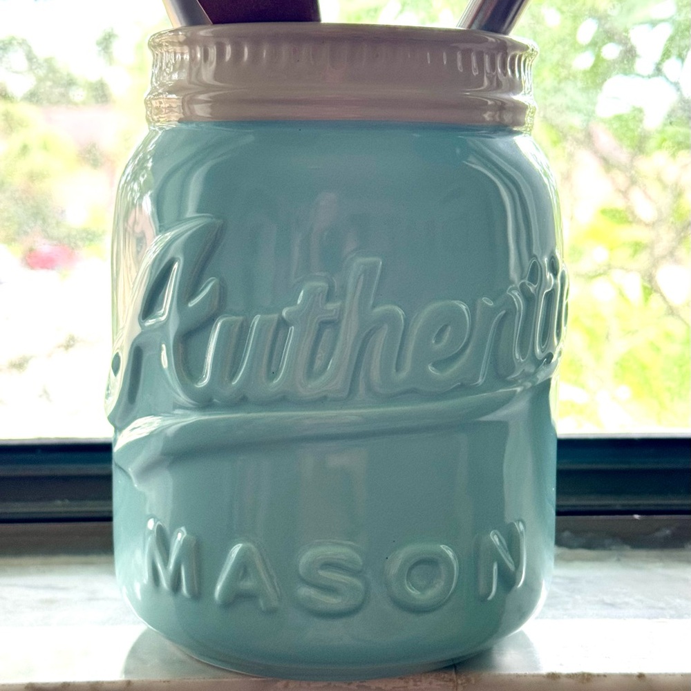 Ceramic Mason Jar Utensils Holder in Turquoise